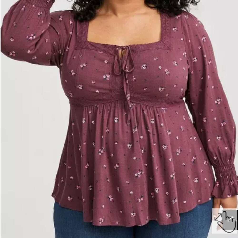 Babydoll Rayon Slub Lace Trim Long Sleeve